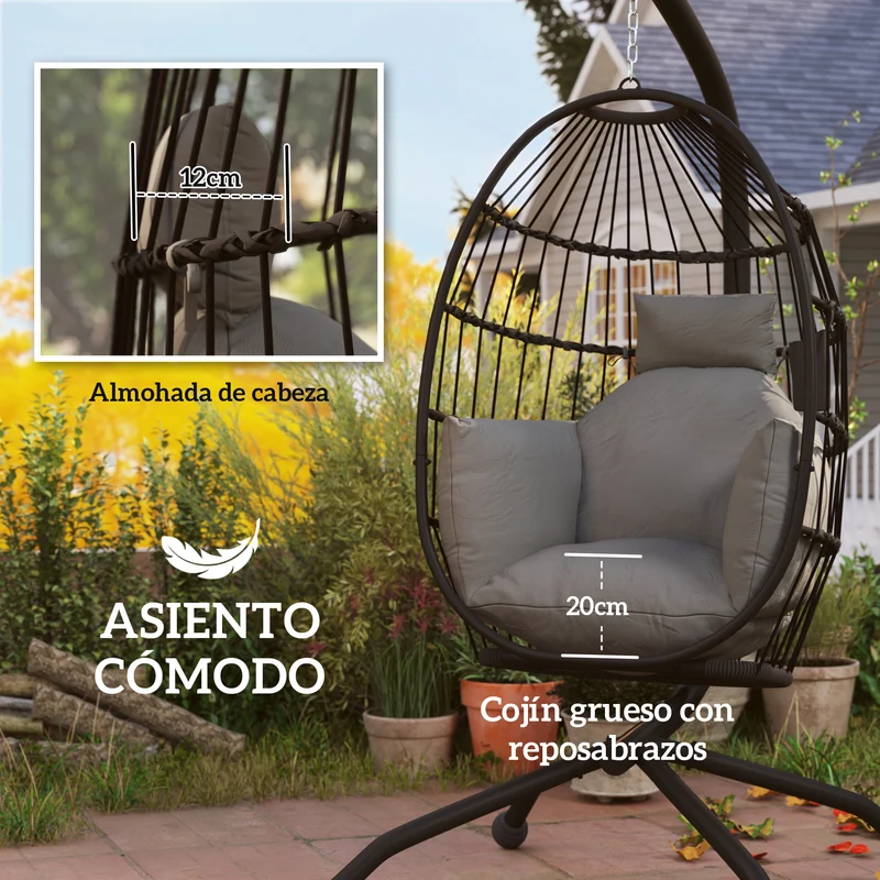 Outsunny Silla Colgante Huevo con Soporte Columpio Jardín Exterior con Cesta Plegable Cojín y Reposacabezas Columpio Colgante para Interior y Exterior Carga 120 kg Negro