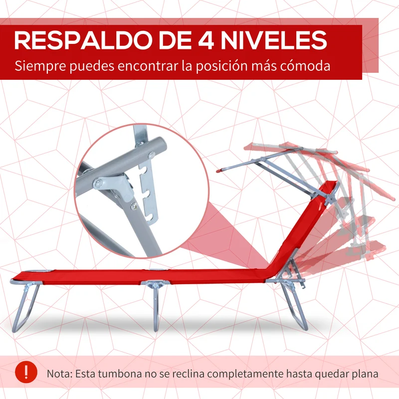 Outsunny Tumbona Plegable Tumbona de Jardín Exterior Reclinable con Toldo Desmontable con Ángulo Regulable Respaldo Ajustable en 4 Niveles para Terraza Piscina Patio 187x58x36 cm Rojo