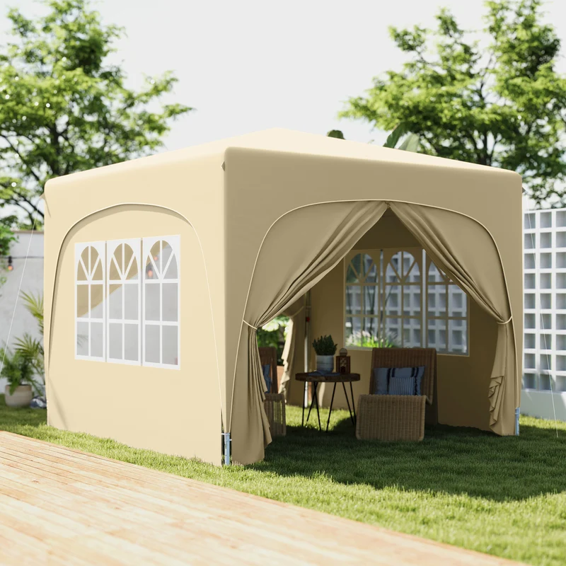 Outsunny Carpa Plegable Gazabo 3x3 m con Paneles Laterales UPF50+ Cenador Pabellón de Jardín con Altura Ajustable y Bolsa de Transporte para Camping Fiestas Patio Terraza Arena