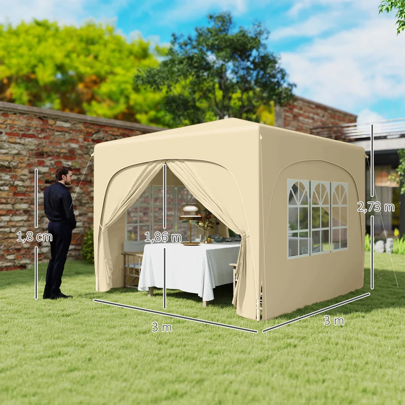 Outsunny Carpa Plegable Gazabo 3x3 m con Paneles Laterales UPF50+ Cenador Pabellón de Jardín con Altura Ajustable y Bolsa de Transporte para Camping Fiestas Patio Terraza Arena