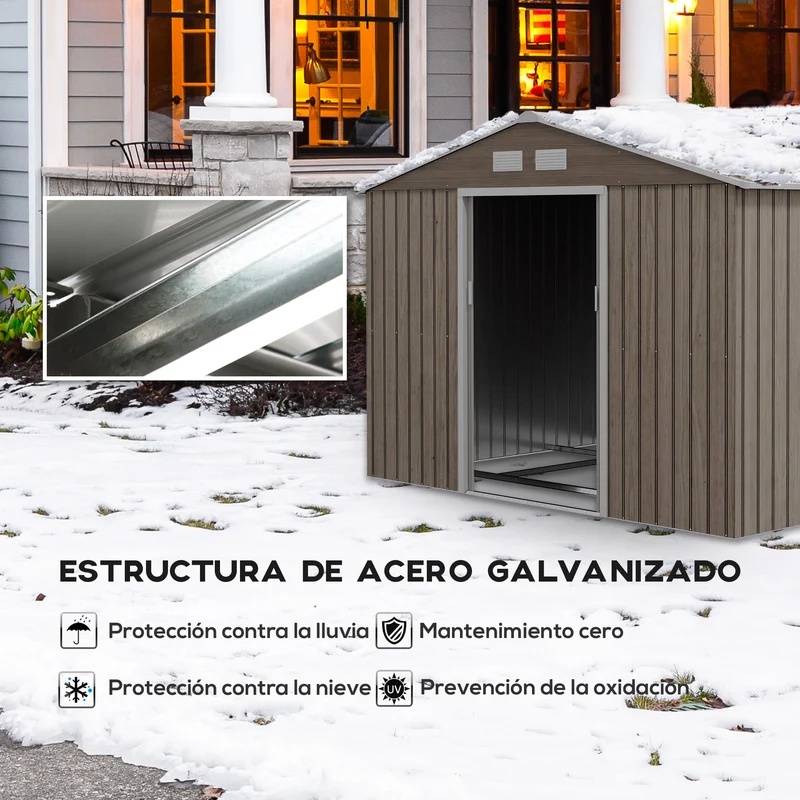 Outsunny Caseta de Jardín Exterior 4,9 m² 277x195x192 cm Cobertizo de Jardín Exterior con Puerta Corredera Techo Inclinado Base Refuerzo (Suelo NO Incluido) y 4 Ventanas Natural