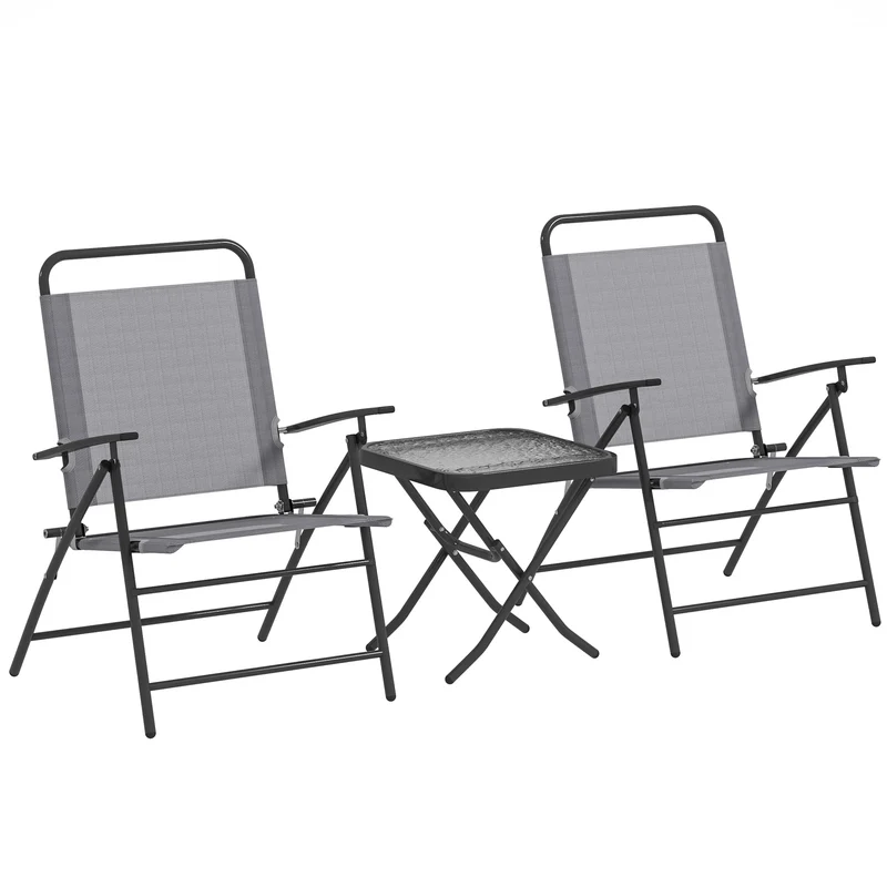 Outsunny Conjunto de Mesa y Sillas de Terraza Exterior de 3 Piezas Muebles de Jardín Exterior Plegables con Respaldo Regulable Tablero de Vidrio y Estructura de Acero Gris