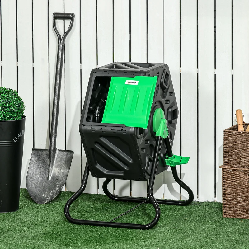 Outsunny Compostador Giratorio de 65L Contenedor de Compostaje de Jardín de Doble Cámara Compostadora con Aberturas de Ventilación y Patas de Acero 60x49x77 cm Negro