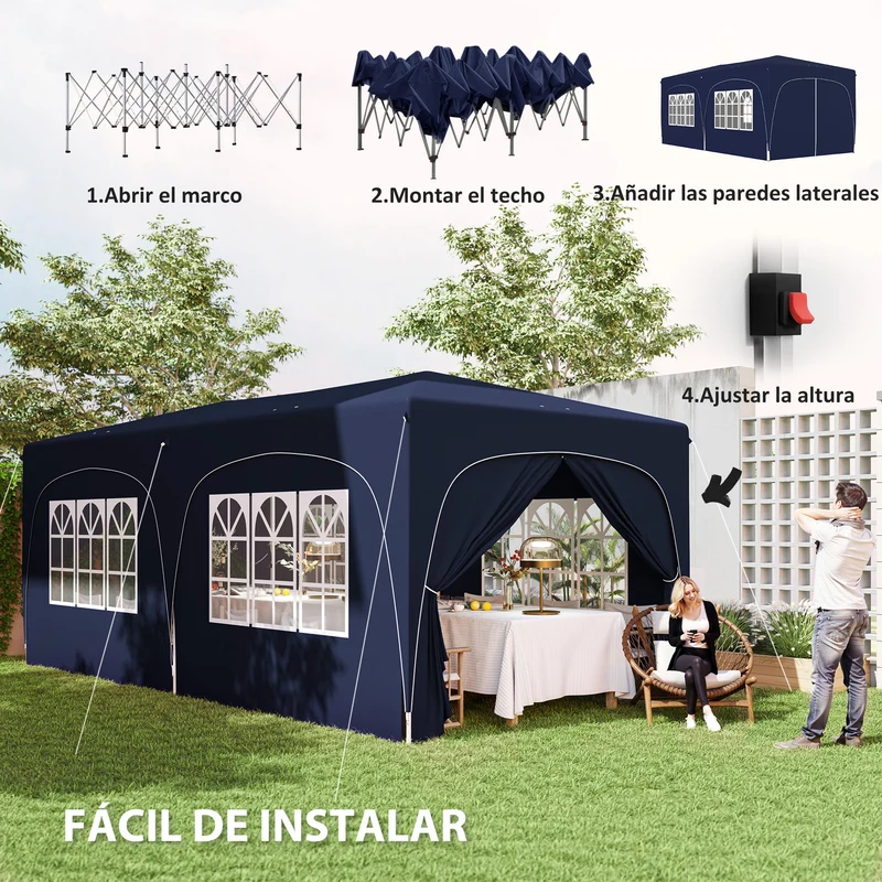 Outsunny Carpa Plegable Gazabo 3x6 m con Paneles Laterales UPF50+ Cenador Pabellón de Jardín con Altura Ajustable y Bolsa de Transporte para Camping Fiestas Patio Terraza Azul Oscuro