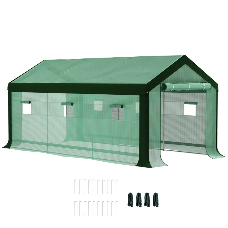 Outsunny Invernadero de Exterior 6x3x2,8 m Invernadero de Túnel con 6 Ventanas Cubierta de PE Anti-UV y 2 Puertas Enrollables con Cremallera Invernadero para Jardín Patio Verde