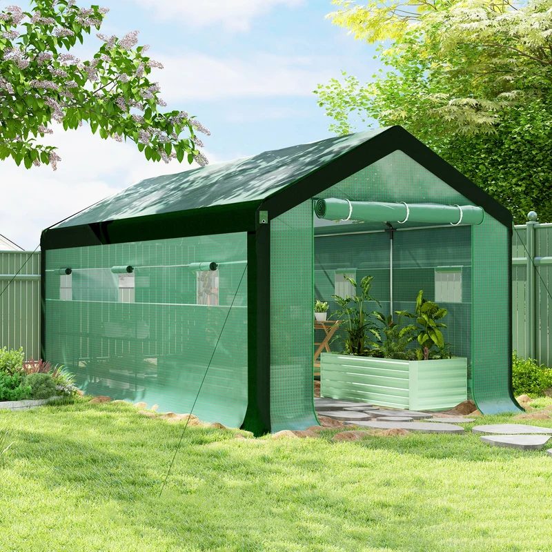 Outsunny Invernadero de Exterior 6x3x2,8 m Invernadero de Túnel con 6 Ventanas Cubierta de PE Anti-UV y 2 Puertas Enrollables con Cremallera Invernadero para Jardín Patio Verde