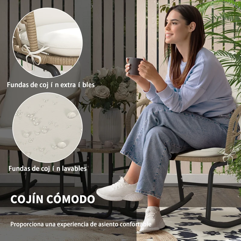 Conjunto mecedoras jardín ratán 3 piezas – 2 mecedoras, mesa de centro y cojines, terraza, crema y beige | Outsunny