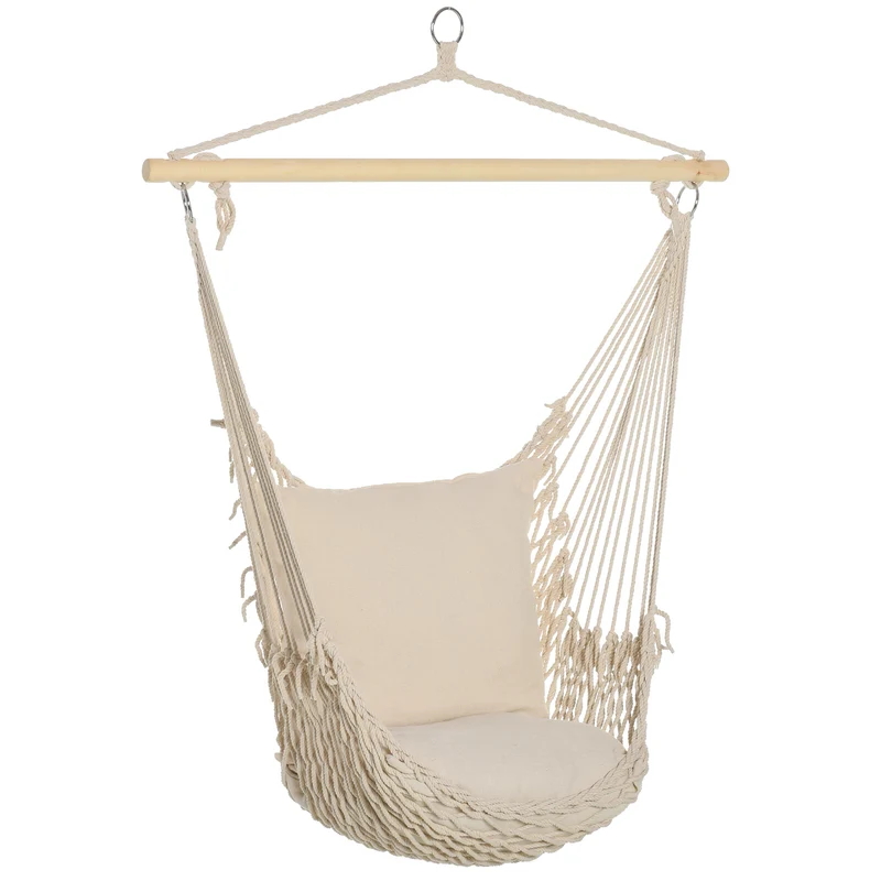 Outsunny Silla Colgante Silla Hamaca Columpio con 2 Cojines de Algodón Barra de Madera Carga 120 kg Silla Columpio para Interior y Exterior Crema