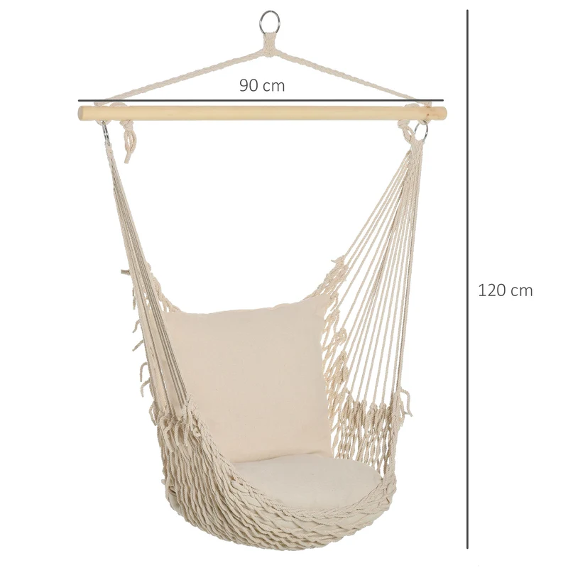 Outsunny Silla Colgante Silla Hamaca Columpio con 2 Cojines de Algodón Barra de Madera Carga 120 kg Silla Columpio para Interior y Exterior Crema