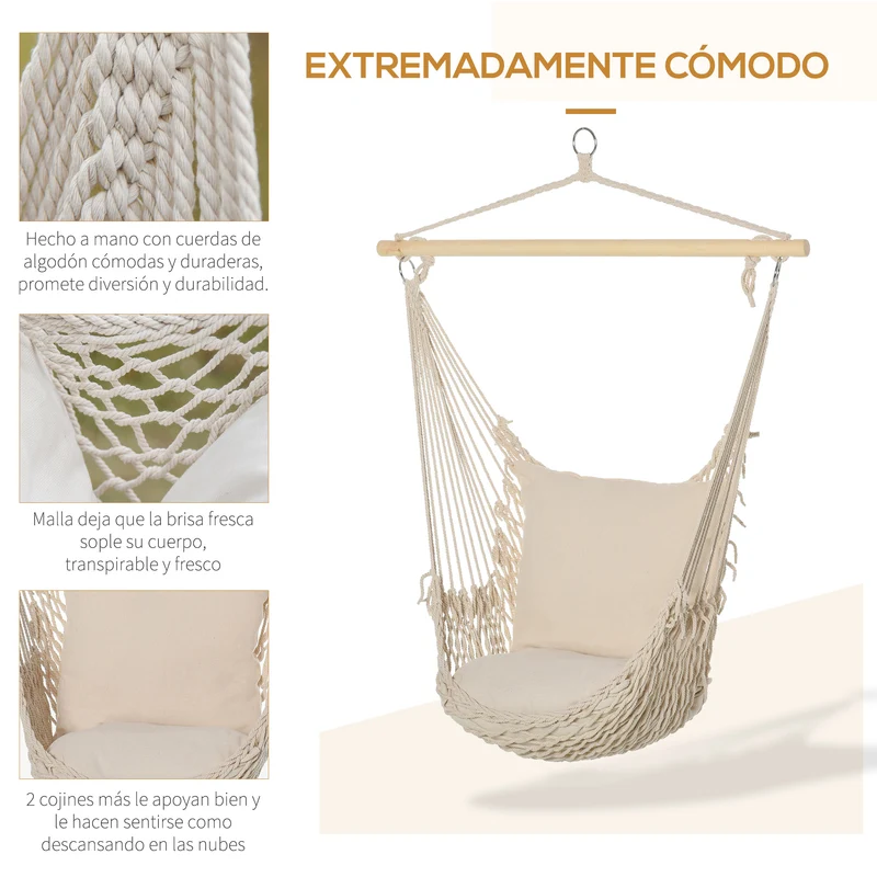 Outsunny Silla Colgante Silla Hamaca Columpio con 2 Cojines de Algodón Barra de Madera Carga 120 kg Silla Columpio para Interior y Exterior Crema