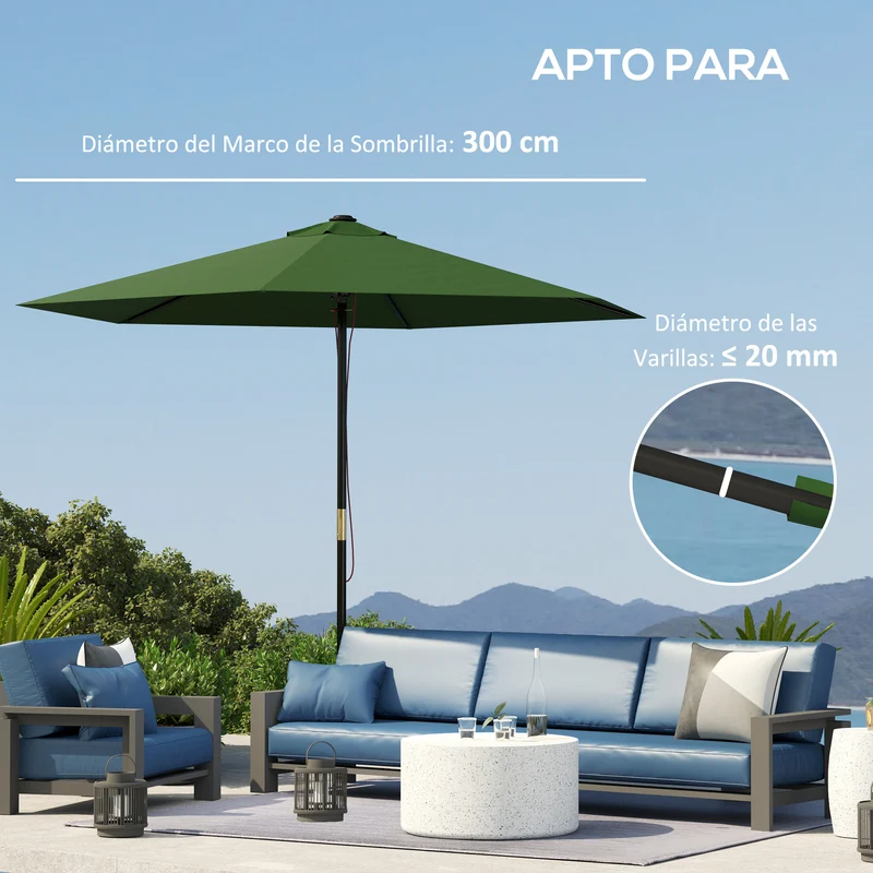 Outsunny Toldo de Recambio de Sombrilla de 3 m Toldo de Repuesto para Sombrilla de Patio con Ventilación Superior Protección UV 30+ Cubierta de Repuesto para Parasol de Poliéster para Exteriores Verde