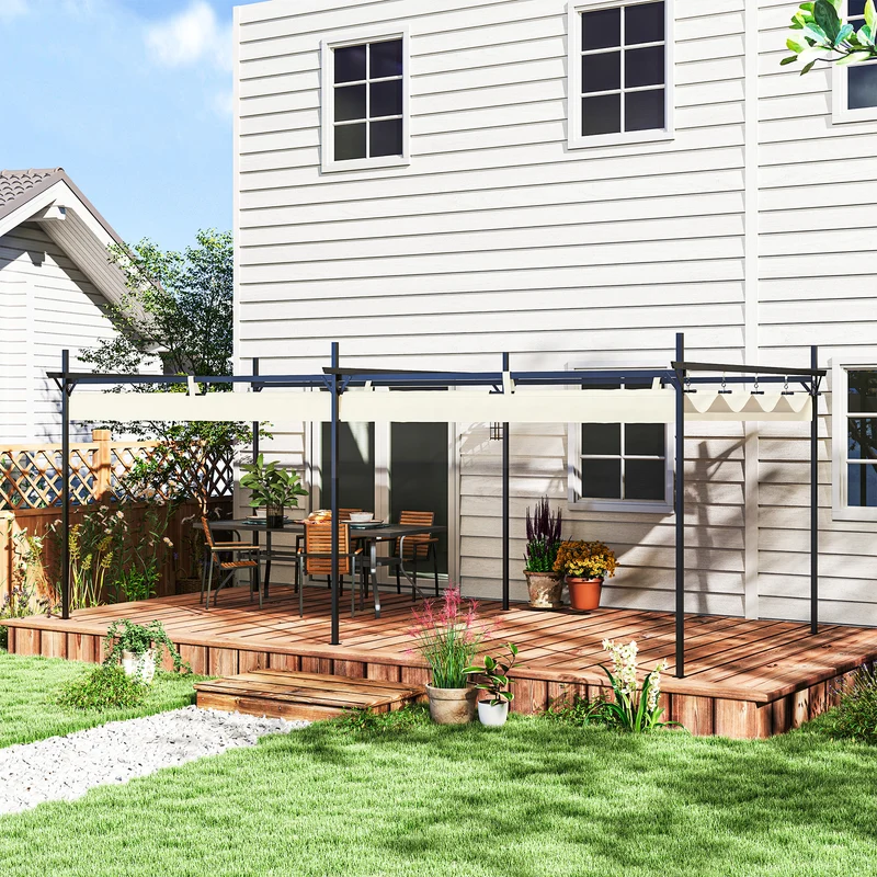 Outsunny Pérgola con Techo 6x3 m Retráctil Pérgola de Aluminio Cenador con Tela de Poliéster Anti-UV Resistente al Agua Pabellón para Jardín Patio Terraza Exterior Crema