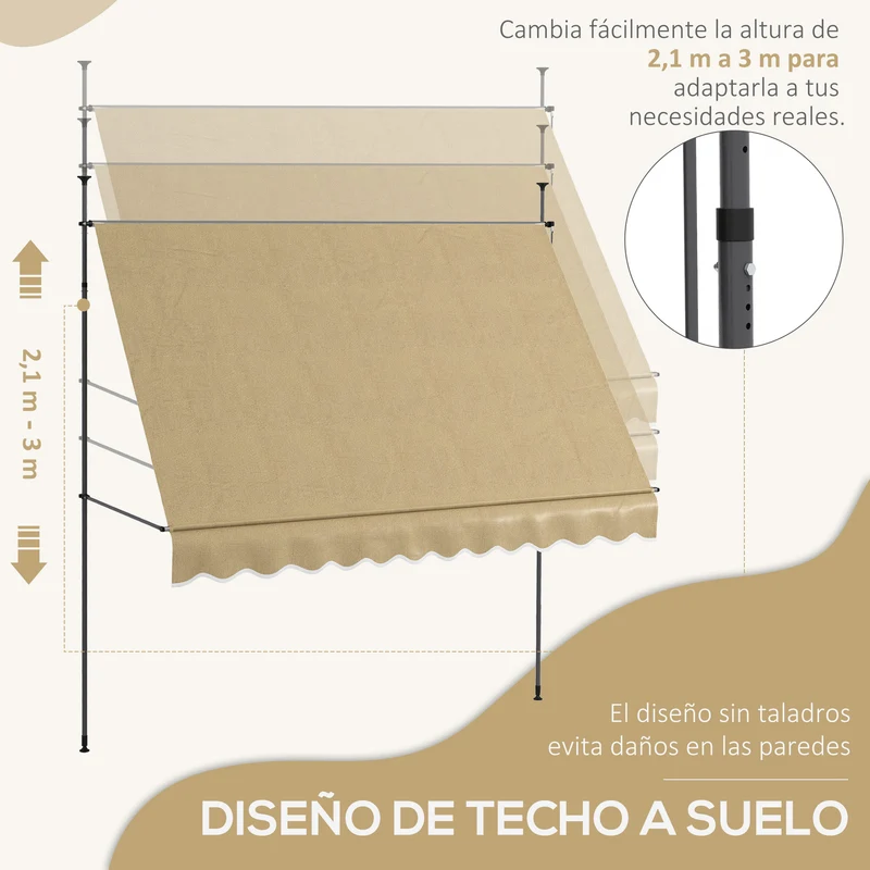 Outsunny Toldo Manual Retráctil 3x1,2 m Toldo Exterior Terraza Enrollable Altura Ajustable con Manivela 210-300 cm Sin Taladro Protección UV30+ para Balcón Jardín Beige