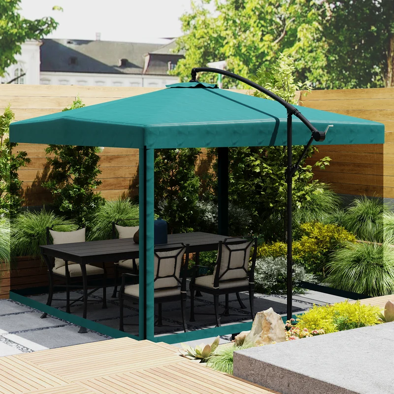 Outsunny Parasol Excéntrico Ø 295 cm Sombrilla de Jardín con Ángulo Ajustable Mosquiteras Base Cruzada y Manivela para Terraza Patio Exterior Verde Oscuro