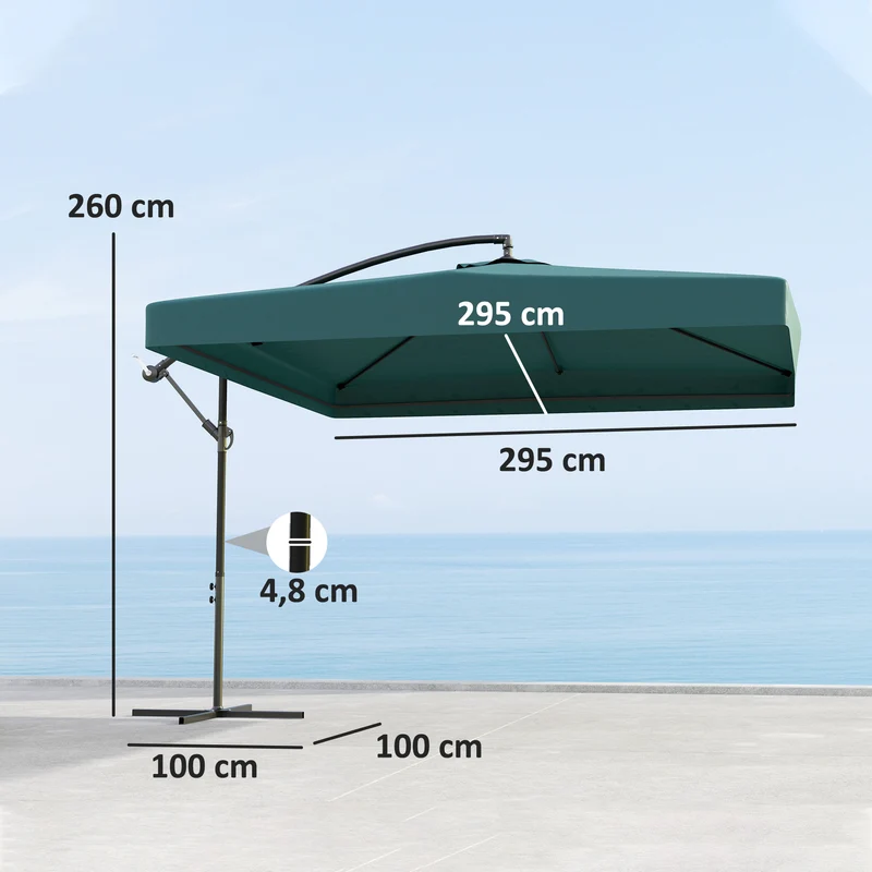 Outsunny Parasol Excéntrico Ø 295 cm Sombrilla de Jardín con Ángulo Ajustable Mosquiteras Base Cruzada y Manivela para Terraza Patio Exterior Verde Oscuro