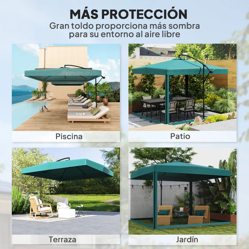 Outsunny Parasol Excéntrico Ø 295 cm Sombrilla de Jardín con Ángulo Ajustable Mosquiteras Base Cruzada y Manivela para Terraza Patio Exterior Verde Oscuro