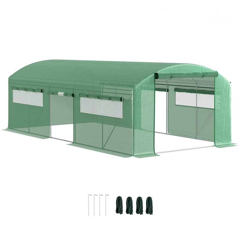 Outsunny Invernadero de Exterior 6x3x2 m Invernadero de Túnel con 6 Ventanas de Malla Cubierta de PE Anti-UV y 3 Puertas Enrollables con Cremallera Invernadero para Jardín Patio Verde
