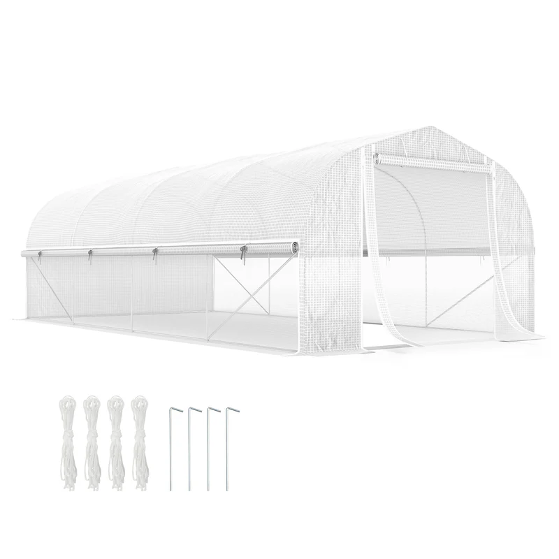 Outsunny Invernadero de Exterior 6x3x2 m Invernadero de Túnel con 8 Ventanas Cubierta de PE Anti-UV y Puerta Enrollable con Cremallera Paredes Laterales con Malla Blanco