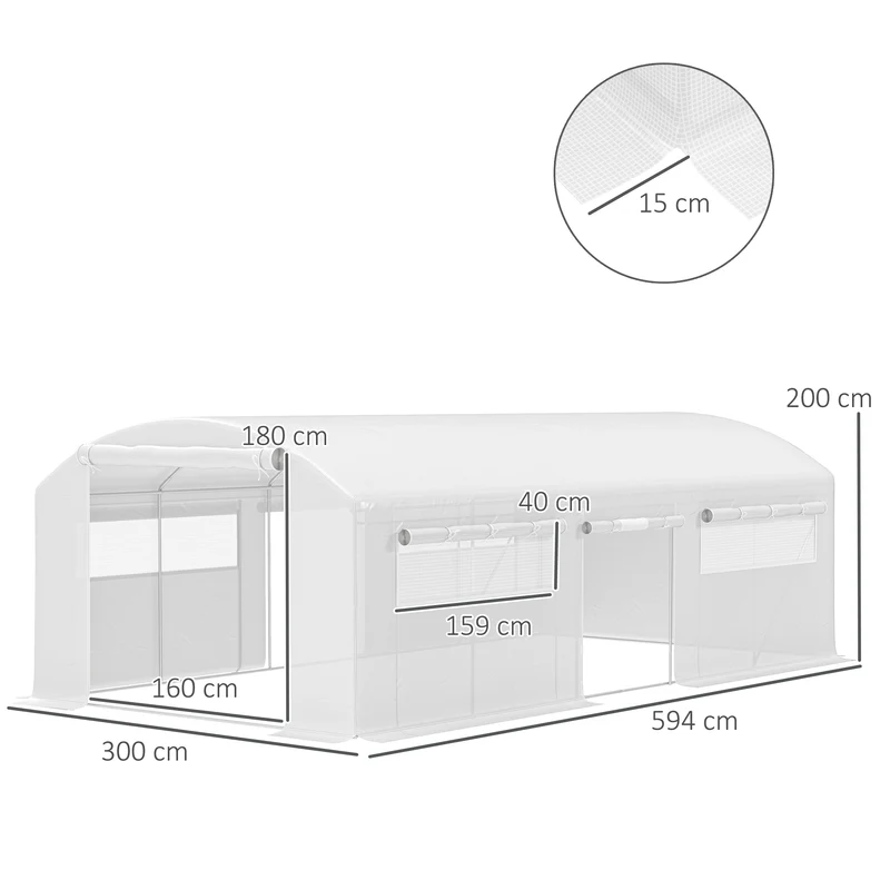 Outsunny Invernadero de Exterior 6x3x2 m Invernadero de Túnel con 6 Ventanas de Malla Cubierta de PE Anti-UV y 3 Puertas Enrollables con Cremallera Invernadero para Jardín Patio Blanco