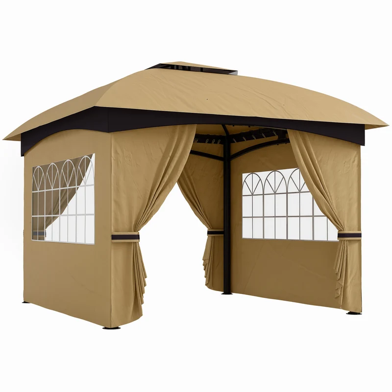 Outsunny Cenador para Jardín 3,4x3,4 m Pérgola de Jardín Gazebo con Doble Techo Paredes Laterales Anti-UV y Ventanas Carpa para Exterior Terraza Patio Beige