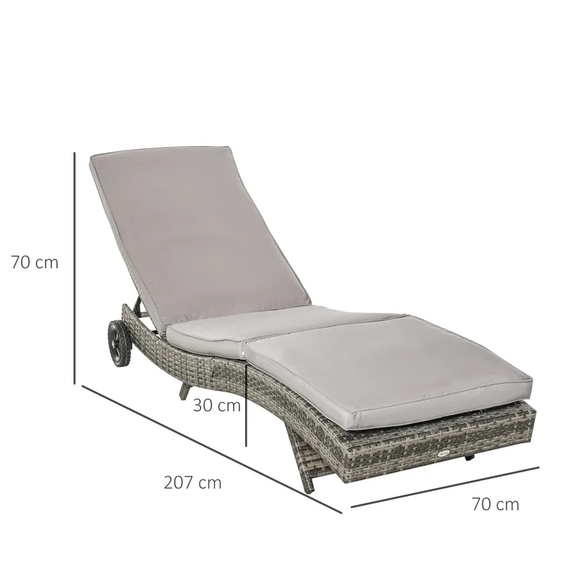 Outsunny Tumbona de Ratán Reclinable Tumbona de Jardín en Forma de S con 2 Ruedas Respaldo Ajustable en 5 Posiciones y Cojín Extraíble para Patio Terraza 207x70x70 cm Gris Claro