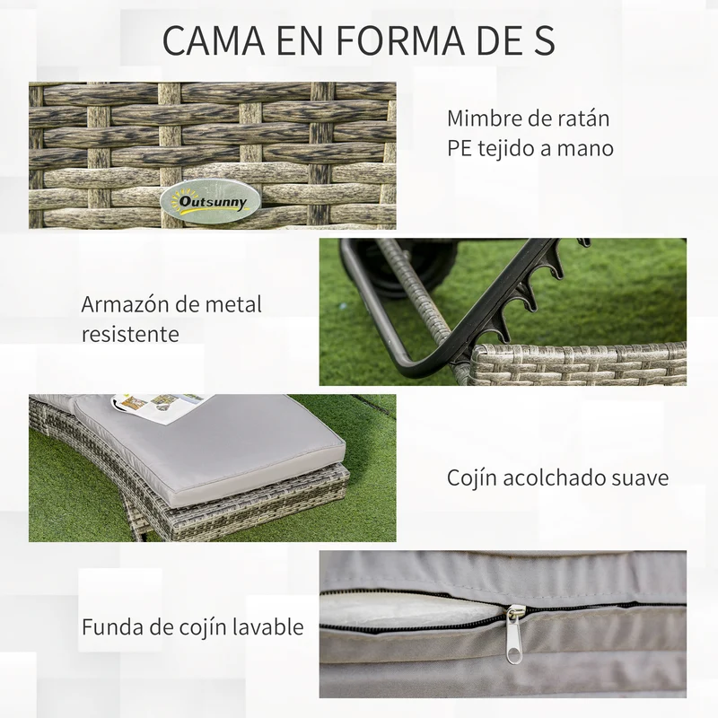 Outsunny Tumbona de Ratán Reclinable Tumbona de Jardín en Forma de S con 2 Ruedas Respaldo Ajustable en 5 Posiciones y Cojín Extraíble para Patio Terraza 207x70x70 cm Gris Claro