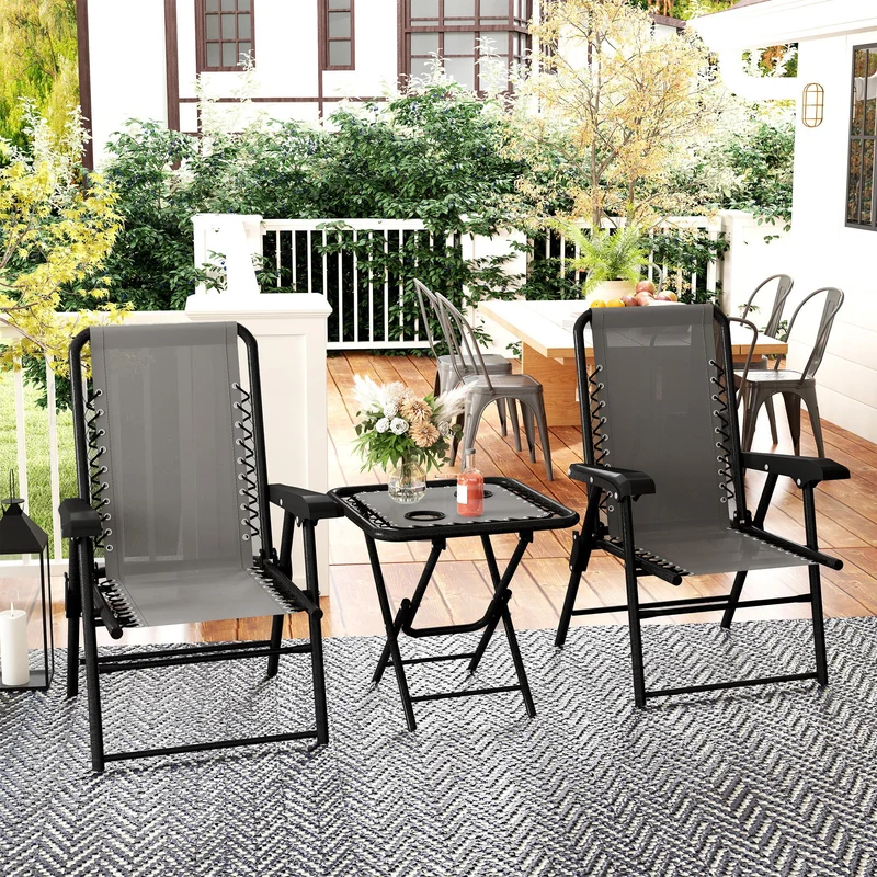 Outsunny Conjunto de Mesa y Sillas de Terraza Exterior de 3 Piezas Muebles de Jardín Exterior Plegables con Estructura de Acero y Portavasos para Patio Gris Oscuro