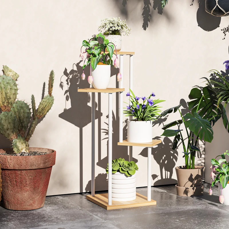Outsunny Estantería para Plantas de 4 Niveles Soporte para Plantas de Madera y Acero con 4 Estantes Cuadrados Soporte para Macetas para Interior y Exterior 53x42x85 cm Natural y Blanco