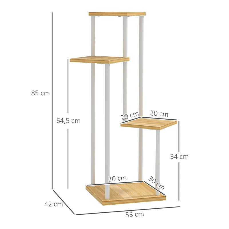 Outsunny Estantería para Plantas de 4 Niveles Soporte para Plantas de Madera y Acero con 4 Estantes Cuadrados Soporte para Macetas para Interior y Exterior 53x42x85 cm Natural y Blanco