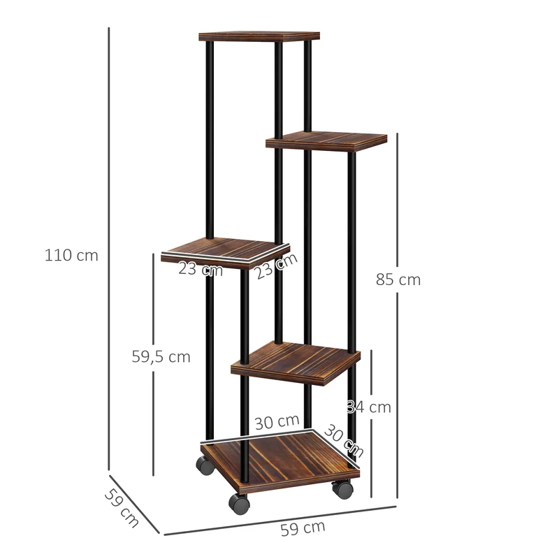 Outsunny Estantería para Plantas de 5 Niveles Soporte para Plantas de Madera y Acero con 5 Estantes Cuadradas y 4 Ruedas Soporte para Macetas para Interior y Exterior 59x59x110 cm Carbonizado