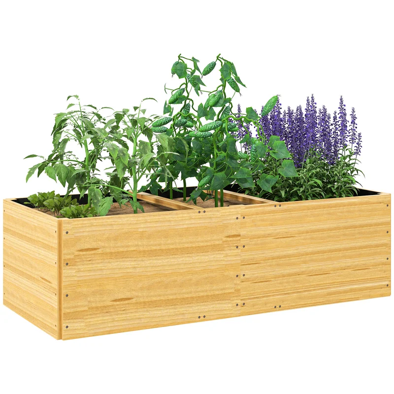Outsunny Jardinera de Madera Jardinera Exterior Grande con 3 Zonas de Cultivo y Forro Jardinera Rectangular para Jardín Balcón Terraza 140x60x40 cm Natural