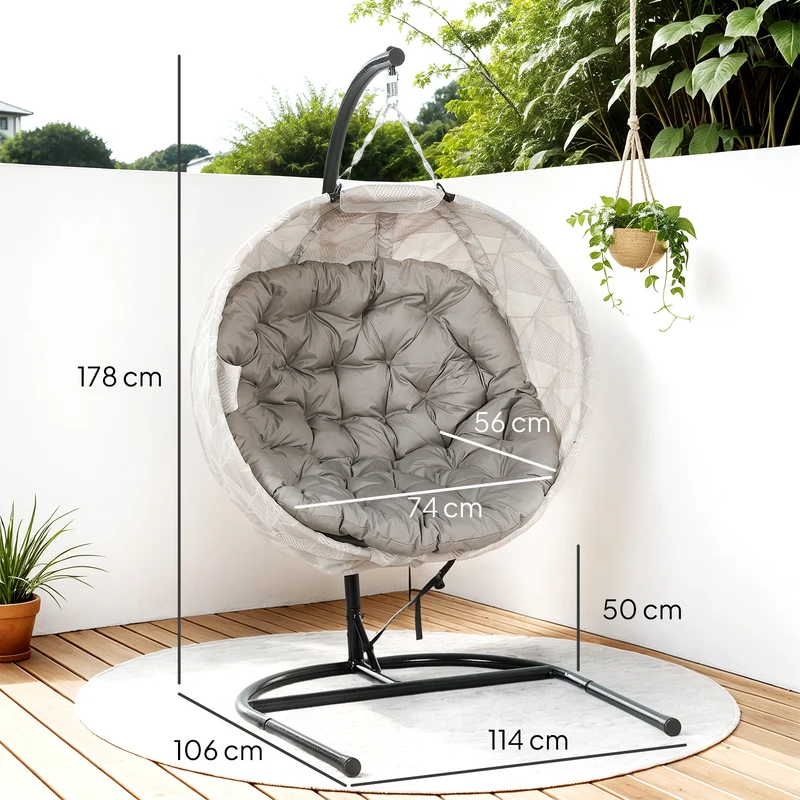 Outsunny Silla Colgante Huevo con Soporte Columpio de Jardín Exterior con Cesta Plegable de Malla Doble Cojín y Portavasos Columpio Colgante para Interior y Exterior Carga 120 kg Arena y Negro