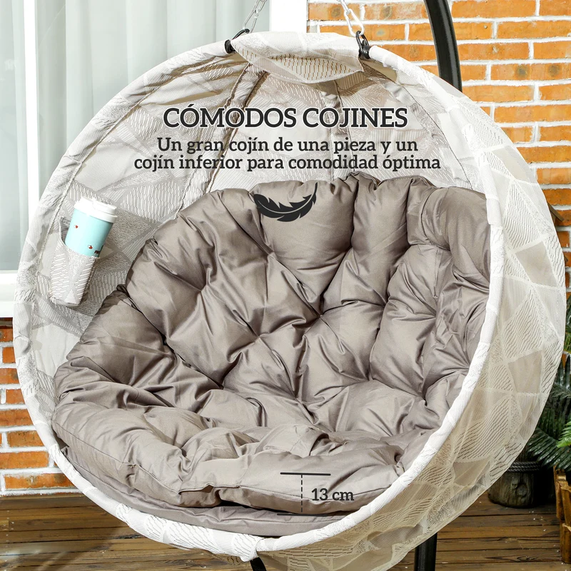 Outsunny Silla Colgante Huevo con Soporte Columpio de Jardín Exterior con Cesta Plegable de Malla Doble Cojín y Portavasos Columpio Colgante para Interior y Exterior Carga 120 kg Arena y Negro