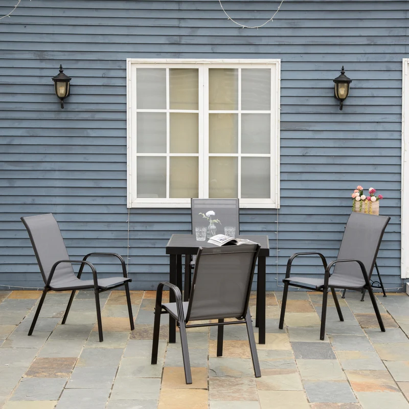 Outsunny Juego de 4 Sillas de Jardín Exterior Sillas Terraza Exterior Apilables Sillón de Comedor con Tela Transpirable Marco de Metal Reposabrazos y Respaldo 54x75,5x95 cm Gris Oscuro