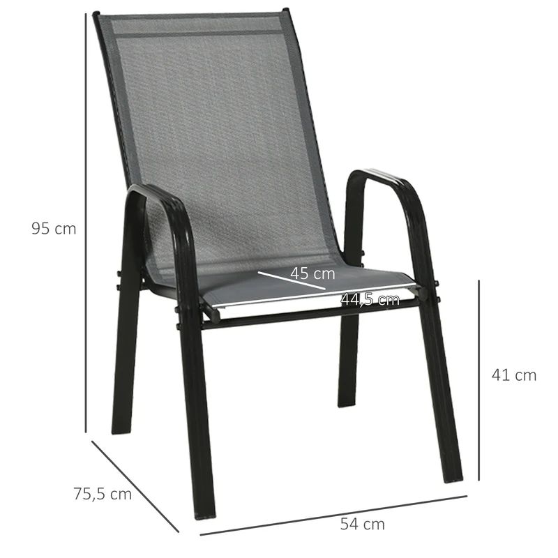 Outsunny Juego de 4 Sillas de Jardín Exterior Sillas Terraza Exterior Apilables Sillón de Comedor con Tela Transpirable Marco de Metal Reposabrazos y Respaldo 54x75,5x95 cm Gris Oscuro