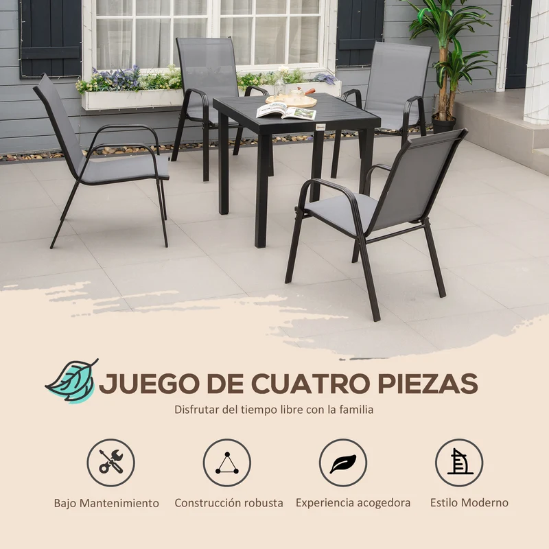 Outsunny Juego de 4 Sillas de Jardín Exterior Sillas Terraza Exterior Apilables Sillón de Comedor con Tela Transpirable Marco de Metal Reposabrazos y Respaldo 54x75,5x95 cm Gris Oscuro