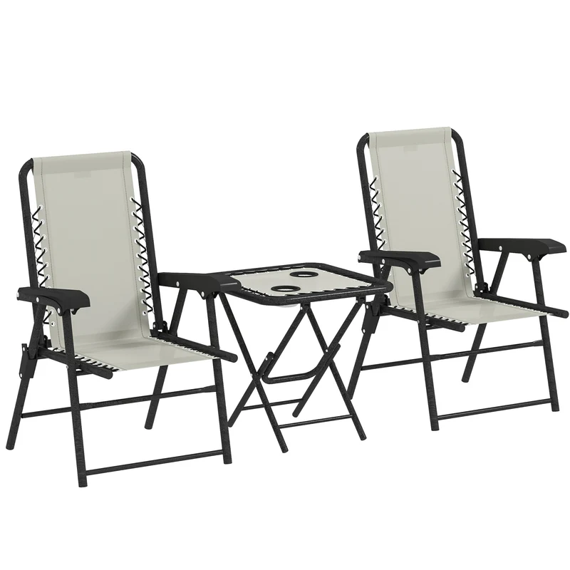 Outsunny Conjunto de Mesa y Sillas de Terraza Exterior de 3 Piezas Muebles de Jardín Exterior Plegables con Estructura de Acero y Portavasos para Patio Crema