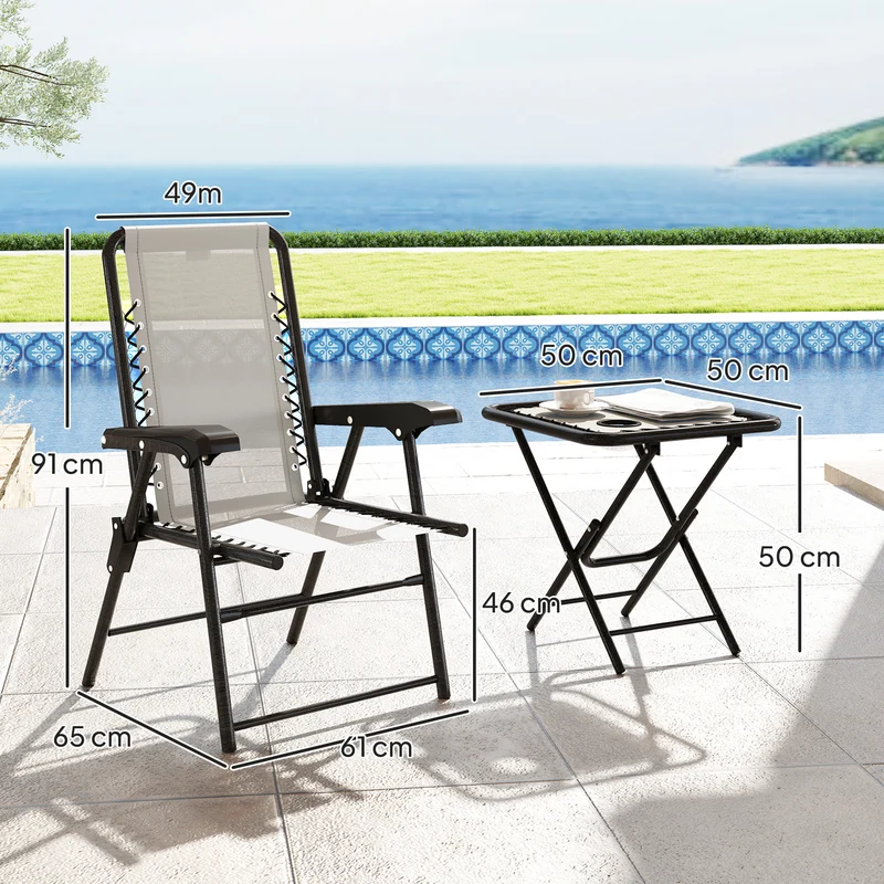 Outsunny Conjunto de Mesa y Sillas de Terraza Exterior de 3 Piezas Muebles de Jardín Exterior Plegables con Estructura de Acero y Portavasos para Patio Crema