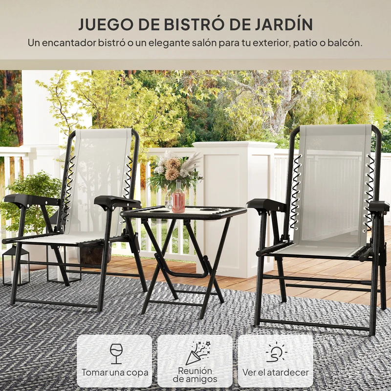 Outsunny Conjunto de Mesa y Sillas de Terraza Exterior de 3 Piezas Muebles de Jardín Exterior Plegables con Estructura de Acero y Portavasos para Patio Crema