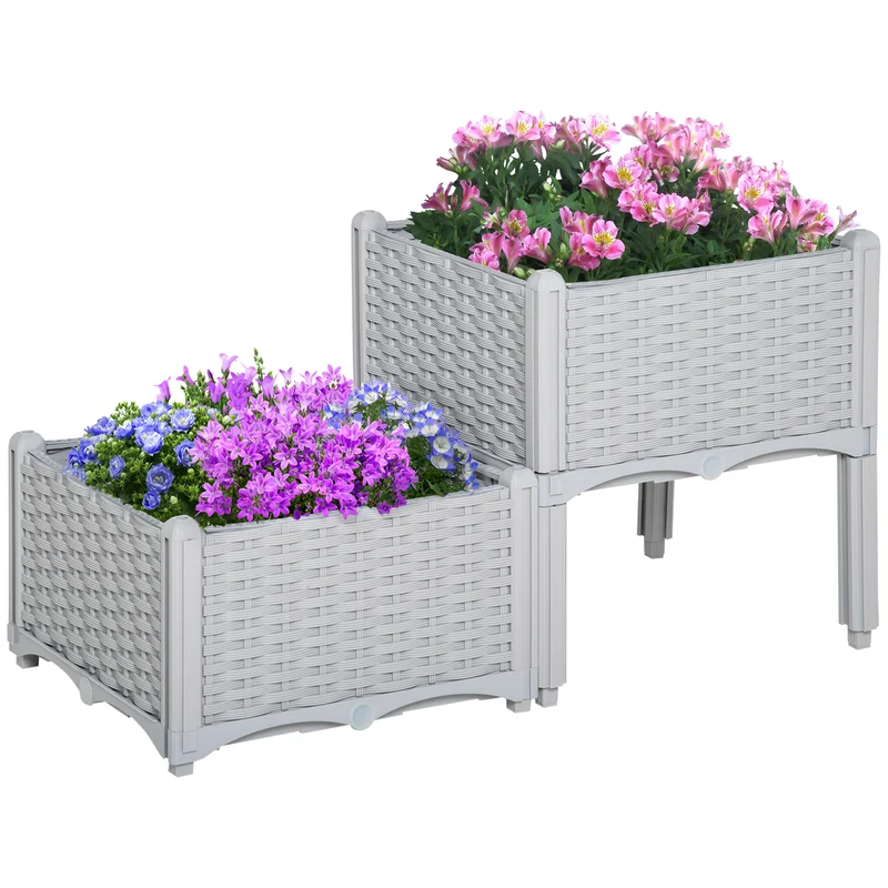 Outsunny Juego de 2 Jardineras de Exterior Jardineras Cuadradas Imitación a Mimbre Combinación Libre Maceteros para Jardín Patio 40x40x26/44 cm Gris