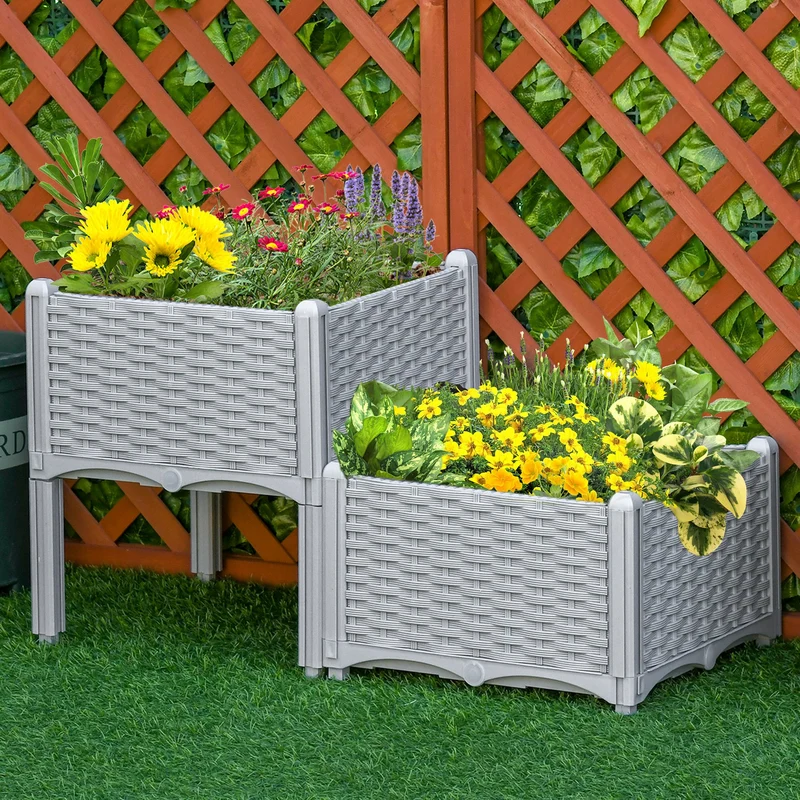 Outsunny Juego de 2 Jardineras de Exterior Jardineras Cuadradas Imitación a Mimbre Combinación Libre Maceteros para Jardín Patio 40x40x26/44 cm Gris