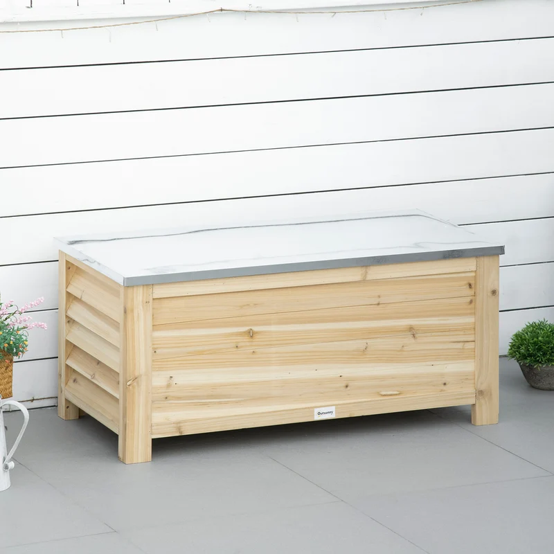 Outsunny Arcón de Jardín Exterior Carga 155L Baúl de Almacenaje Exterior de Madera con Tapa de Metal Galvanizado y Diseño con Listones para Jardín Terraza Balcón 110x50x50 cm Natural