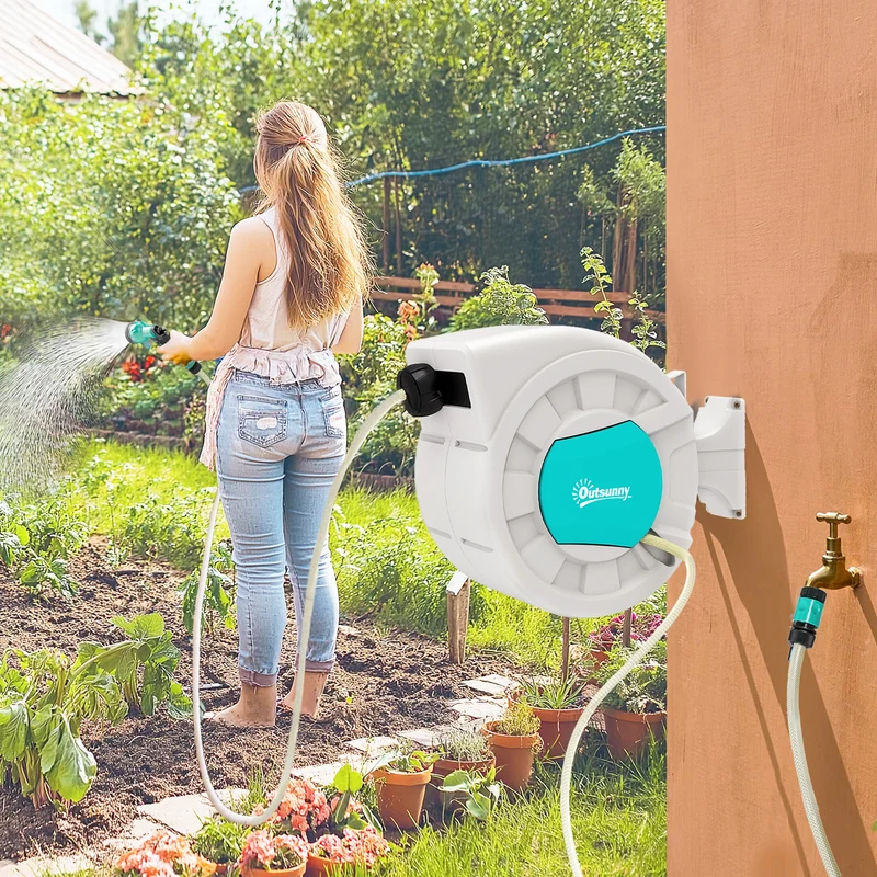 Outsunny Enrollador de Manguera para Jardín 25+2 m con Boquilla de 7 Funciones Carrete de Manguera de Jardín de Pared Giro de 180° Manguera Enrollable con Bloqueo Retorno Automático Gris Claro