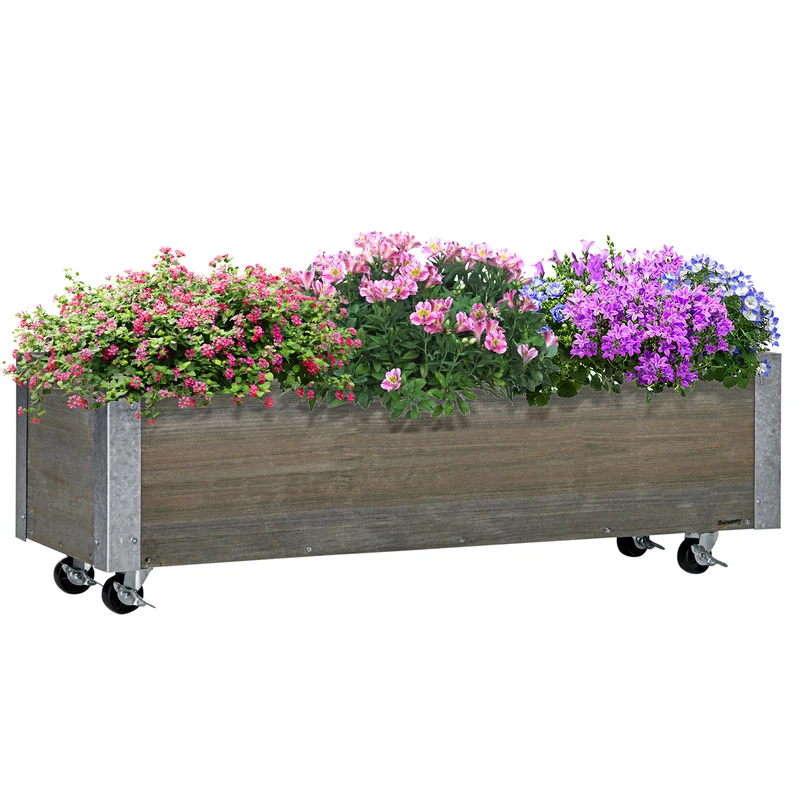 Outsunny Jardinera Exterior Grande con Ruedas Jardinera de Madera con Tela no Tejida Jardinera y Sistema de Drenaje para Cultivo Flores Plantas en Balcón Terraza 96x30,6x30 cm Gris Claro