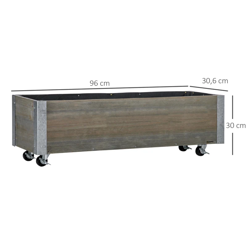 Outsunny Jardinera Exterior Grande con Ruedas Jardinera de Madera con Tela no Tejida Jardinera y Sistema de Drenaje para Cultivo Flores Plantas en Balcón Terraza 96x30,6x30 cm Gris Claro