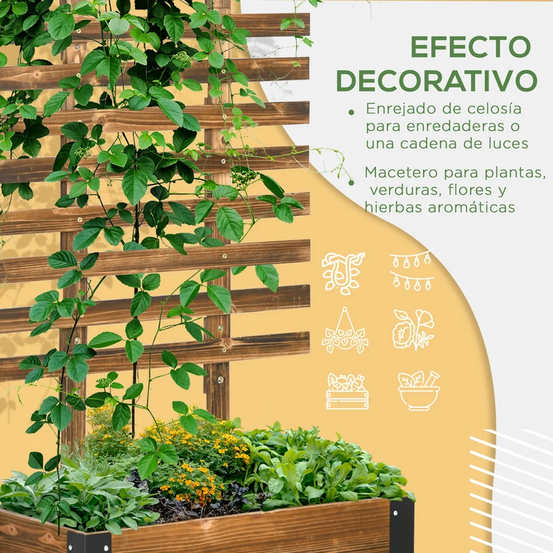 Outsunny Jardinera Exterior Grande de Madera Jardinera con Celosía para Plantas Trepadoras Tela no Tejida Ruedas y Esquinas Metálicas de Doble Capa para Patio Terraza 65x31x147 cm Carbonizado