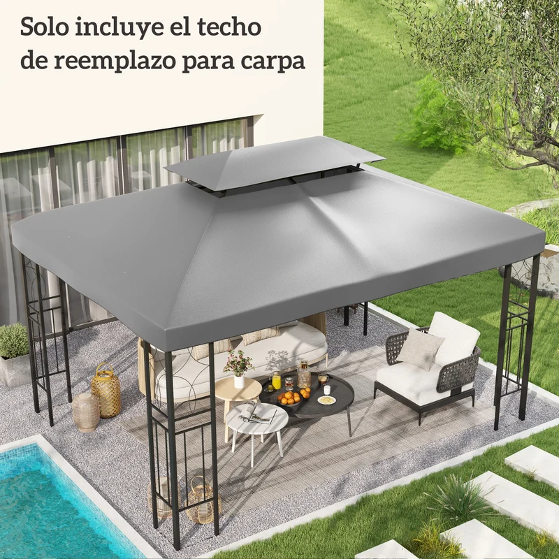 Outsunny Techo de Repuesto para Cenador 4x3 m Cubierta de Repuesto con Techo Doble 10 Orificios de Drenaje y Protección UV Toldo de Recambio para Pabellón Gazebo Gris Claro