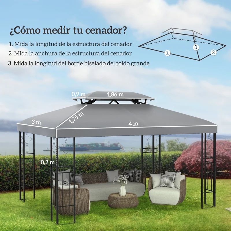 Outsunny Techo de Repuesto para Cenador 4x3 m Cubierta de Repuesto con Techo Doble 10 Orificios de Drenaje y Protección UV Toldo de Recambio para Pabellón Gazebo Gris Claro