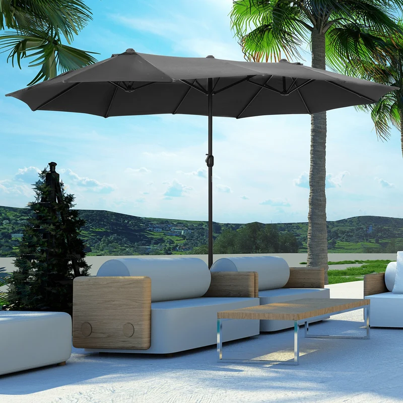 Outsunny Sombrilla Doble 4,55x2,65 m Sombrilla Terraza Exterior con Manivela Manual Resistente al Agua y Protección Solar Sombrilla Grande para Terraza Playa Piscina Gris