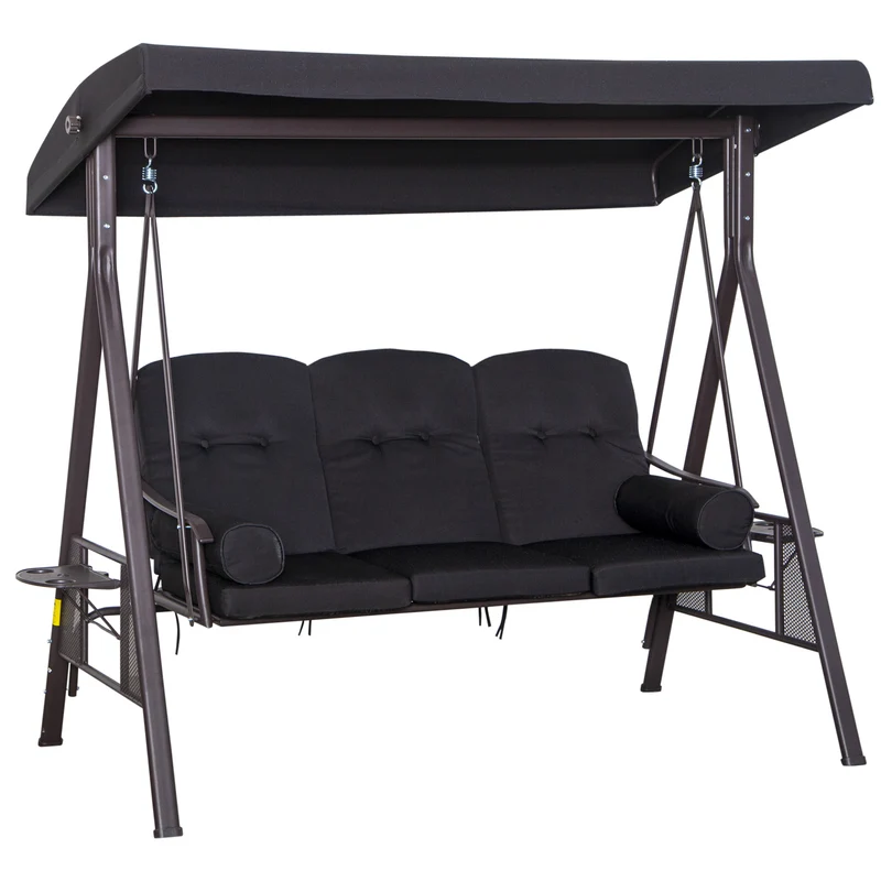 Outsunny Balancín de Jardín Exterior de 3 Plazas Columpio de Jardín Exterior con Toldo Curvo 2 Bandejas Laterales y 2 Almohadas de Brazo para Balcón Terraza Patio Carga 360 kg 206x116x183 cm Negro